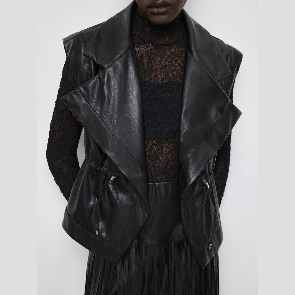 Black Faux Leather Drawstring Waist Sleeveless Moto Vest